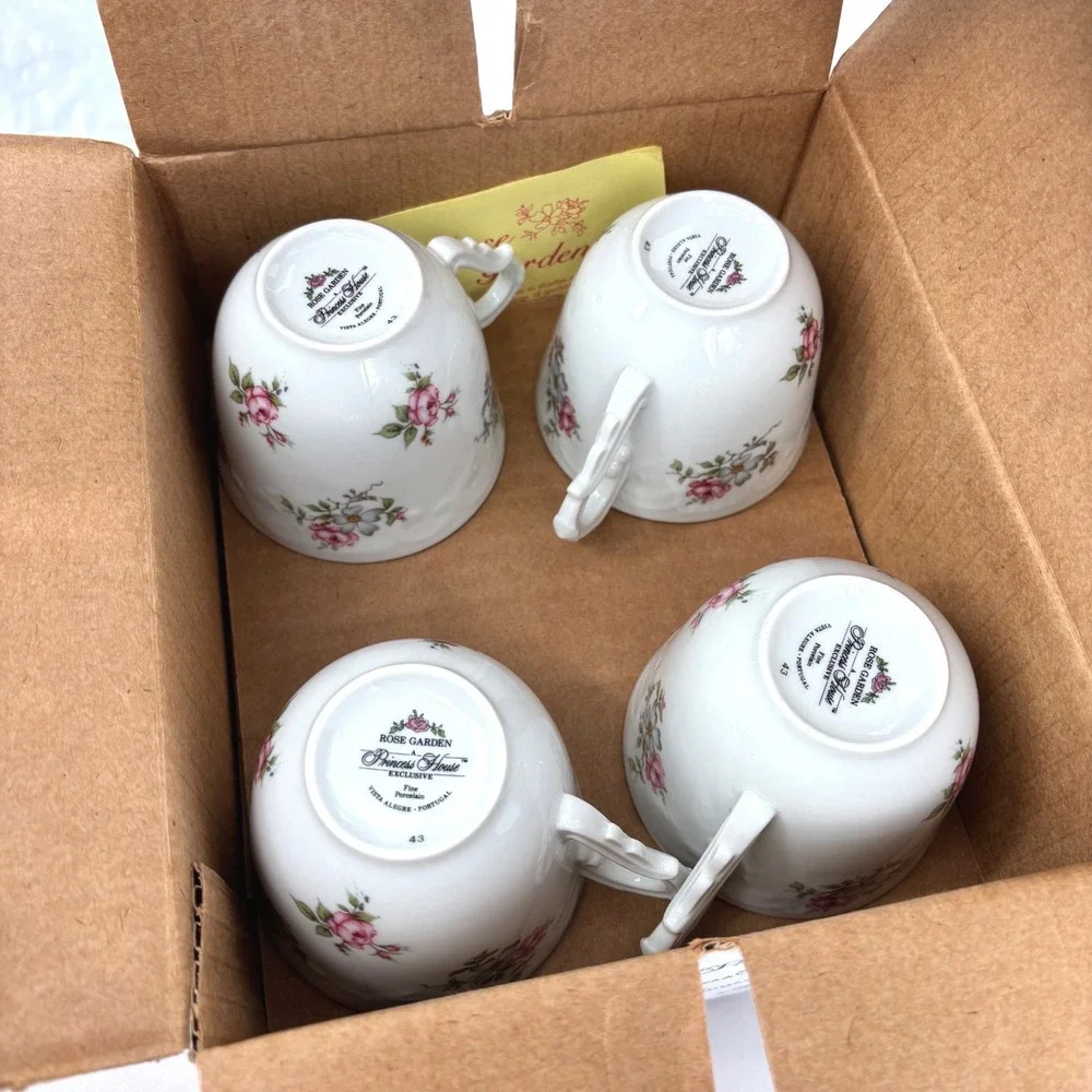 Princess House Rose Garden Fine Porcelain Tea Cup Saucer Set 4 Vintage 1988 NIB